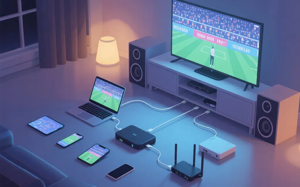 多设备观赛与投屏场景：电视、笔记本、手机与路由器的连接关系